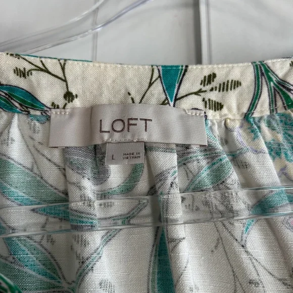 LOFT size L puff sleeve midi dress linen blend beige floral belted split neck - Picture 15 of 16